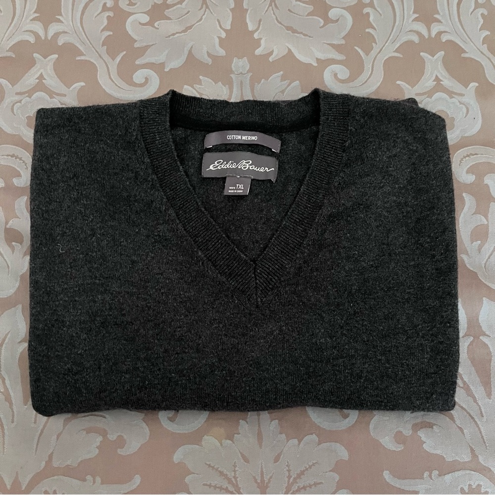 Eddie Bauer Sweater Mens XLT Cotton Merino Wool Gray Vneck Classic Preppy - Picture 6 of 10